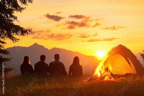 Family Sitting Near Campfire