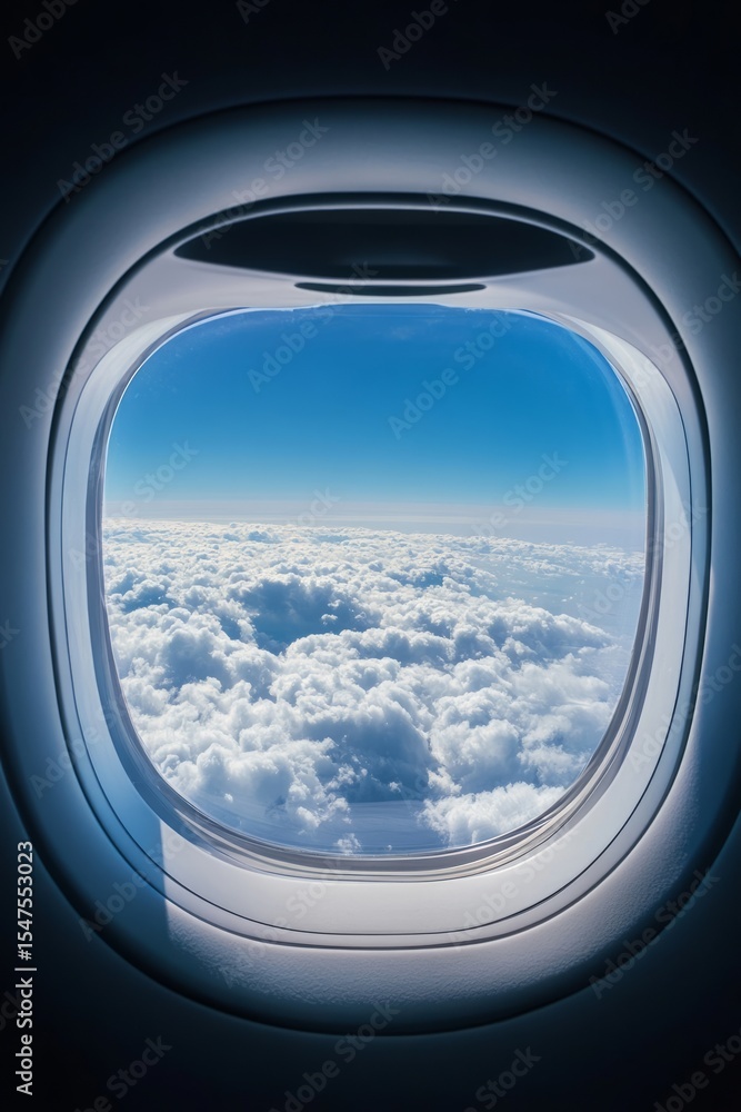 Airplane window view showcasing a breathtaking sky filled with fluffy white clouds and a vibrant blue horizon, capturing the essence of travel and adventure in the atmosphere Airplane window view showcasing a breathtaking sky filled with fluffy white clouds and a vibrant blue horizon, capturing the essence of travel and adventure in the atmosphere