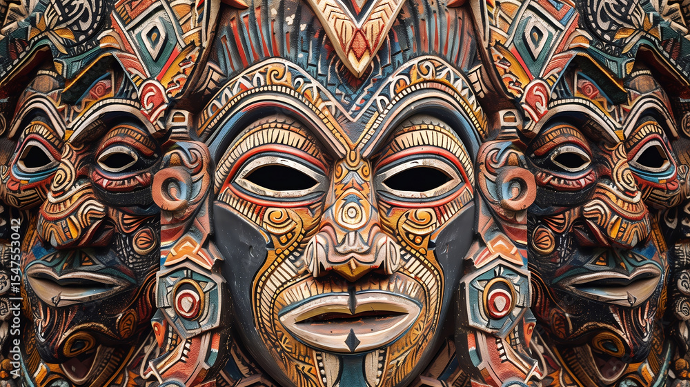 Obraz premium This Papuan wooden mask features expressive eyes and tribal motifs that highlight the ethnic identity and storytelling traditions of Papua.