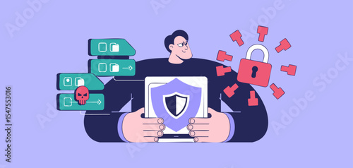 it professional protecting laptop data with shield from server malware, vector illustration for secure data backup, ransomware protection and disaster recovery planning
