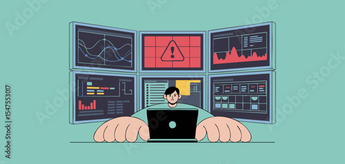soc analyst monitoring multiple screens with security alerts and data graphs, vector illustration for security operations center, threat detection and cybersecurity incident response
