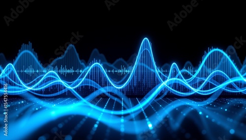 an abstract representation of a sound wave with various frequency peaks, set against a dark background