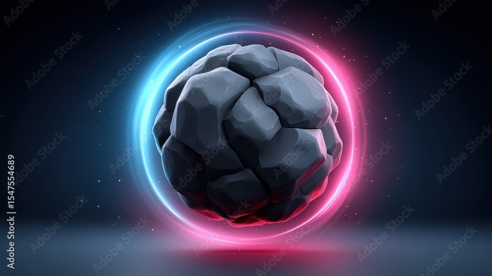 Naklejka premium A dreamy 3D render of a cracked obsidian planet with soft glowing surface textures, surrounded by glowing particle rings. Set against a deep black space background, the scene features soft rim light,