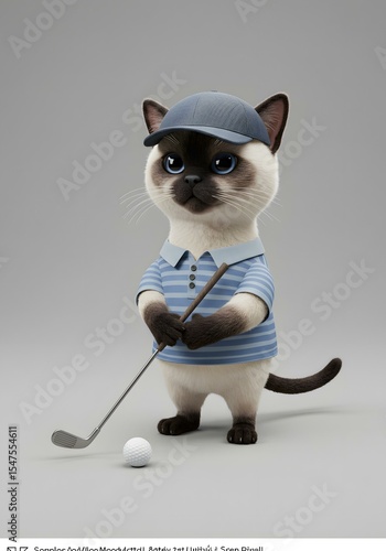 Adorable 3D Render of a Siamese Cat Playing Golf