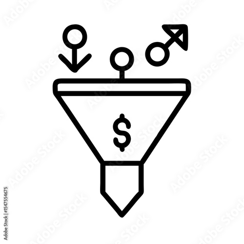 Money funnel with gender symbols representing demographic targeting  