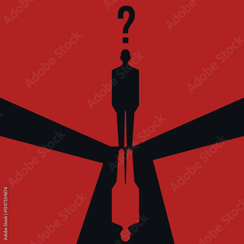 Modern interior art. Agony of choice theme. Choosing a path.  Vector illustration of silhouette of a man at a crossroads and a question mark. EPS 10