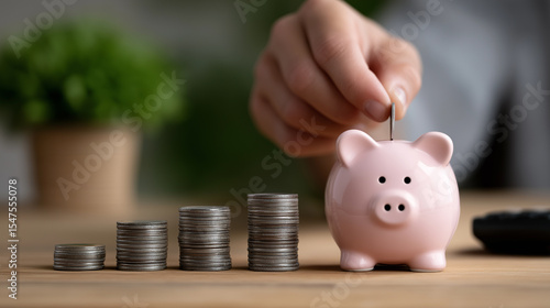 Close-up of piggy bank with hand placing coin, surrounded by budgeting tools and warm lighting for wealth planning and retirement savings, personal finance, money saving, wealth planning, retirement

