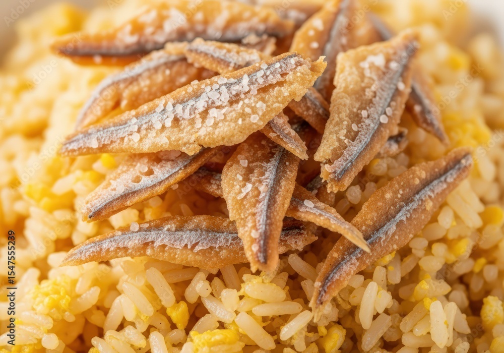 Fototapeta premium Intense closeup of crispy salted fish flakes topping golden fried rice a delicious and textural food shot