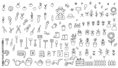 Garden tools collection, doodle icons of gardening and farming equipment, wheelbarrow, pruning shears, watering can, gardening tool set, isolated color clipart on white background. Vector 