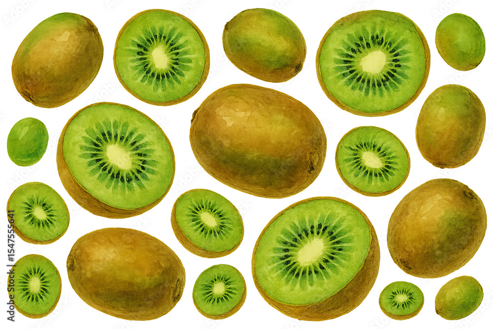 Fototapeta premium Png watercolor set of kiwis with whole and sliced fruit isolated on transparent background. concept of tropical illustration, exotic fruit design, botanical clip art for decor