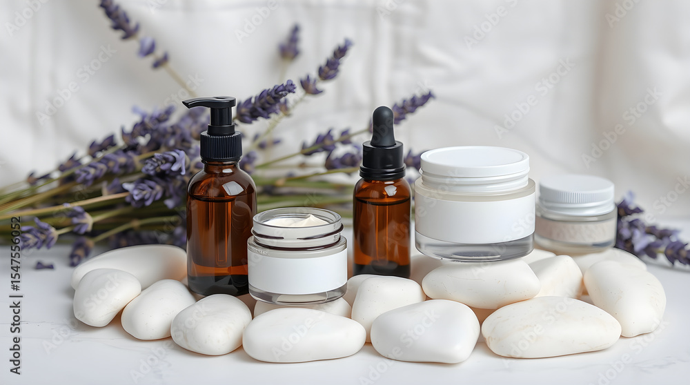 Fototapeta premium Natural cosmetics and lavender flowers resting on white stones