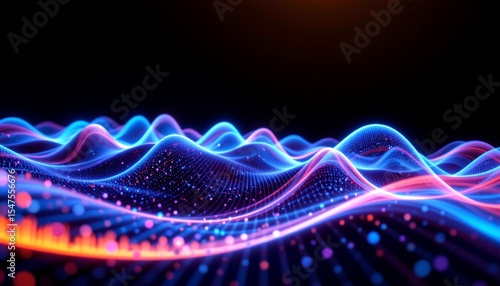 a visual of a waveform composed of vibrant, multicolored dots that create a dynamic and rhythmic pattern resembling a sound wave