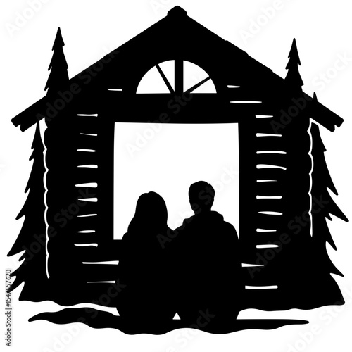 Silhouette couple in cabin window, intimate escape and restful travel concept