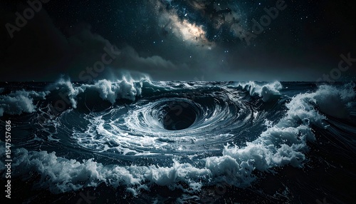 Mystical Ocean Vortex Night Sky and Starry Galaxy above Turbulent Waters