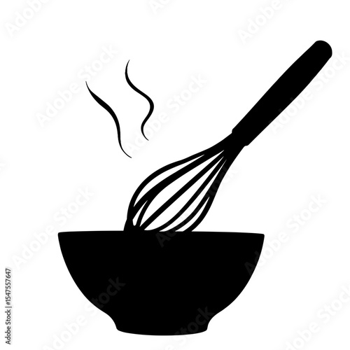 Silhouette of whisk in bowl creating foam, black and white culinary simplicity