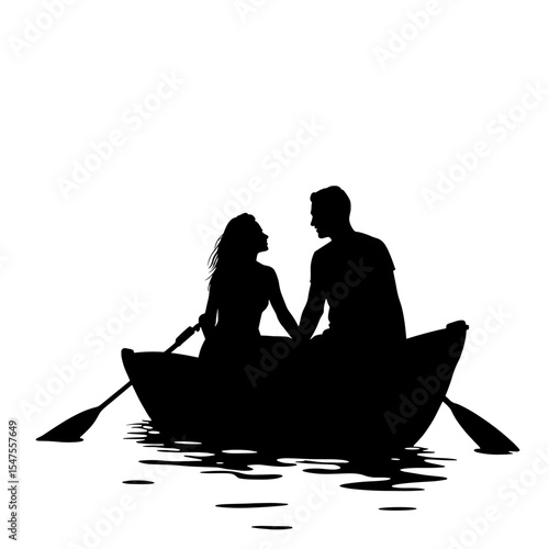 Silhouette couple on boat with white background, romantic evening tranquility