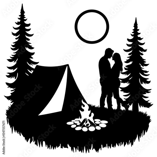 Silhouette of couple near tent under moonlight, romantic camping getaway