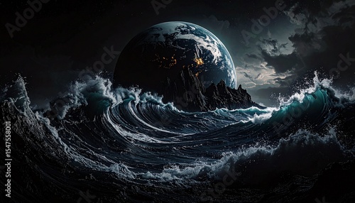 Apocalyptic Ocean Planet Earth Surrounded by Gigantic Waves