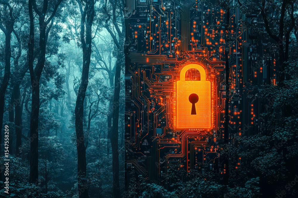 Obraz premium Digital lock in a forest with glowing circuit board design