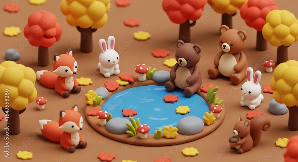 Cute woodland animals autumn pond Cute woodland animals autumn pond