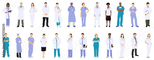 Hospital doctors and nurses. Doctor with stethoscope, nurse in scrubs and face mask. Medical student volunteer and intern character. Medical staff vector illustration. Profession physician in uniform