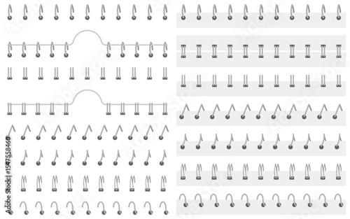 Minimalistic vector illustration of notebook coil and wire bindings in various motion frames. Perfect for design mockups, animation assets, and presentations.