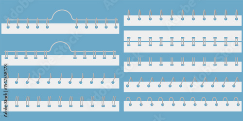 Flat vector set of various notebook wire and coil binding styles on a blue background. Useful for presentations, design templates, or educational materials.