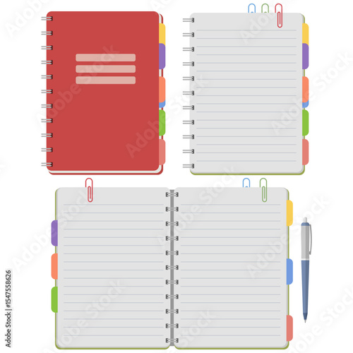 Vector illustration of a spiral notebook with colorful divider tabs, lined pages, paper clips, and pen, shown in various open and closed positions. Organized layout for planning, journaling,
