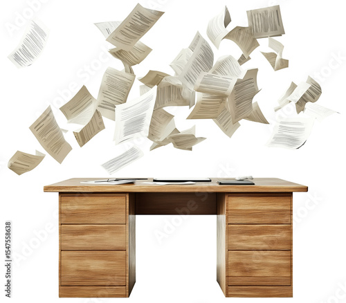 Flying paperwork creates chaotic scene above wooden office desk., isolated