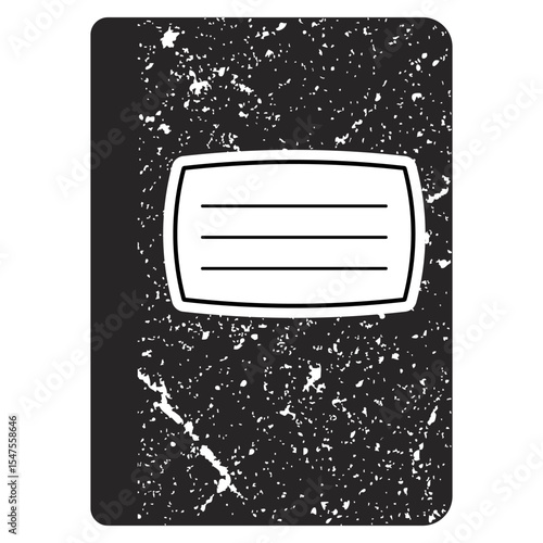 Traditional school composition notebook cover design in black and white with grunge texture and editable title label area. Classic black and white marble composition notebook cover with a label for