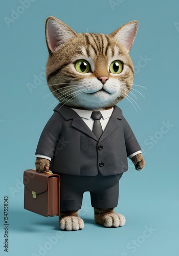 Cute Cat in Business Suit with Briefcase - 3D Render