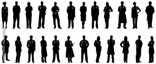 Group of Doctors Silhouette Icons with Stethoscopes, Black and White