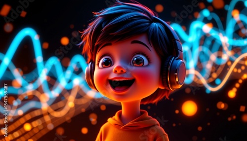 a cartoon character with dark hair and glasses, smiling at the camera while wearing headphones