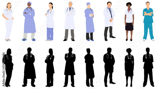 Hospital doctors and nurses. Doctor with stethoscope, nurse in scrubs and face mask. Medical student volunteer and intern character. Medical staff vector illustration. Profession physician in uniform