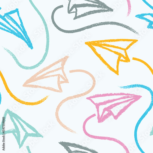 Airplanes seamless pattern Sketch chalk crayon hand drawn style.