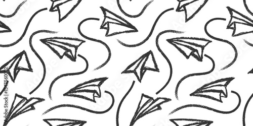 Hand drawn cute  paper airplane with route line path on crayon brush style.