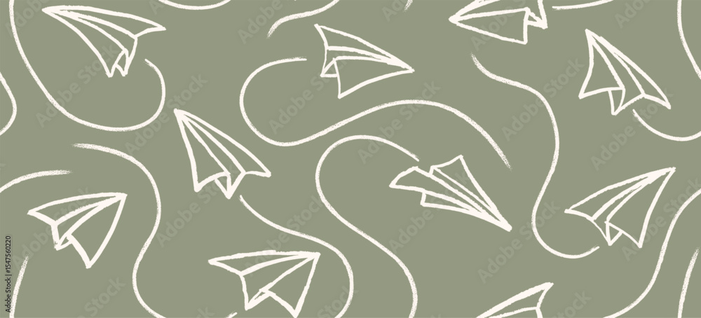 Fototapeta premium Hand drawn cute paper airplane with route line path on crayon brush style.