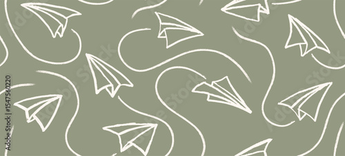 Hand drawn cute  paper airplane with route line path on crayon brush style.