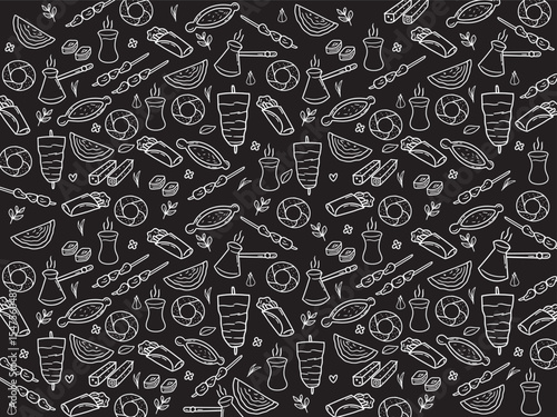 Background or pattern with Turkish Food theme. With doodle style. For layout, website, graphic design.