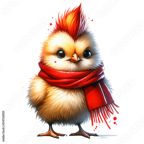 Charming Chick with Scarf: A delightful chick adorned with a vibrant red scarf and a spiky red mohawk, exuding warmth and playful charm. This endearing image will infuse any project with cheer.