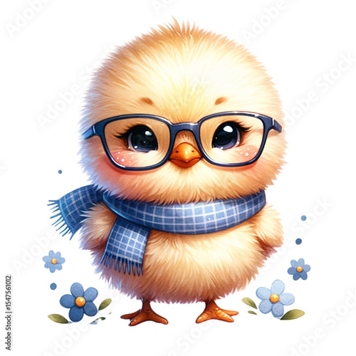 Smart Chick: A cute, fluffy chick with glasses and a scarf, standing in front of some little flower