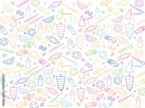Background or pattern with Turkish Food theme. With doodle style. For layout, website, graphic design.