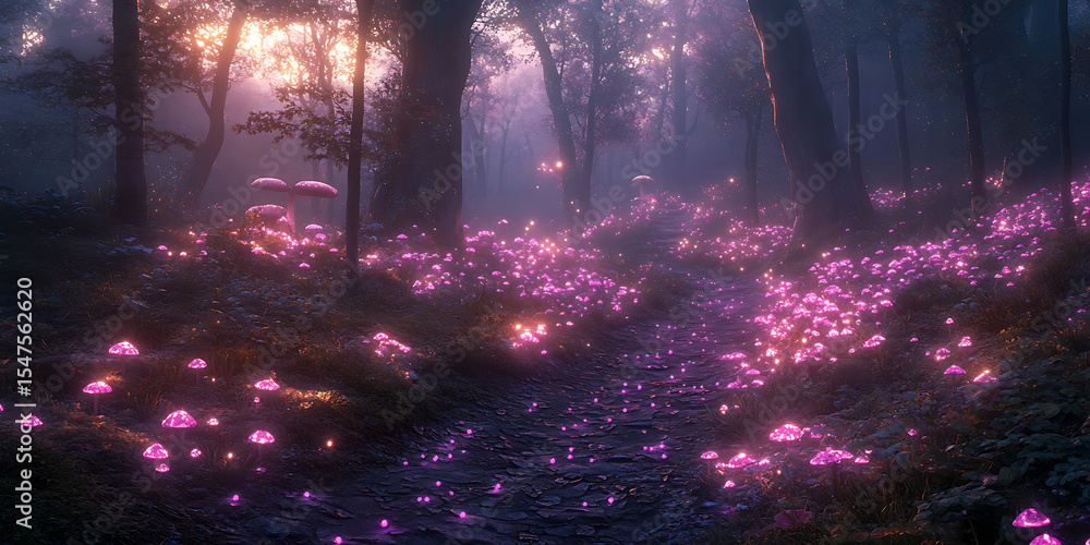 Naklejka premium Enchanted forest path with glowing pink mushrooms at twilight magical woodland landscape for fantasy and nature backgrounds ethereal fairy tale scene with mystical glow