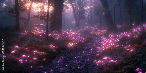 Fototapeta Naklejka Na Ścianę i Meble -  Enchanted forest path with glowing pink mushrooms at twilight magical woodland landscape for fantasy and nature backgrounds ethereal fairy tale scene with mystical glow