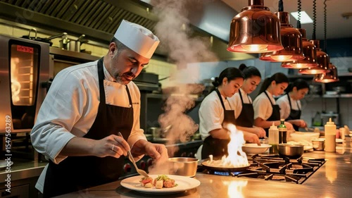 Steam rises while the team cooks, team moves in rhythm, team plates dishes with flawless timing. Concept coordinated service.