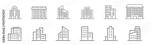 building line icon vector set. Pictograms multistorey houses, urban architecture, skyscrapers.