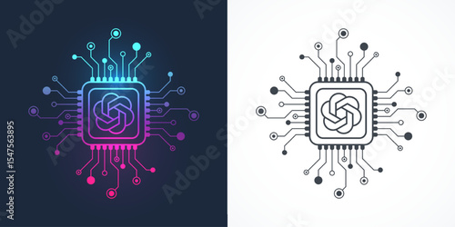 ChatGPT icon, sign, logo in the circuit line style. AI chatbot processor vector icon design. Chat GPT motherboard digital chip for poster, banner, header, website, landing page presentation template.