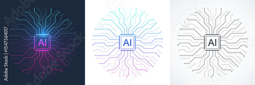 Artificial intelligence icon, sign, logo in the circuit line style. AI processor vector icon flat design. Motherboard digital chip AI. Machine learning design