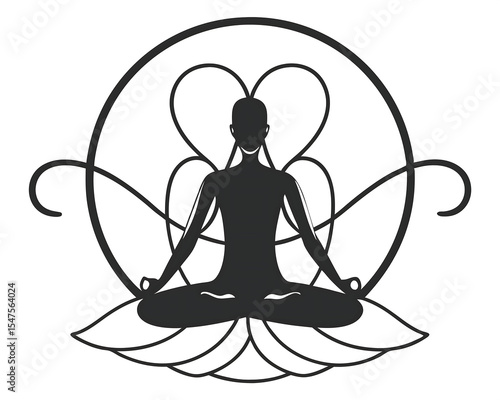 Silhouette of woman meditating in lotus pose, a symbol of relaxation, zen, and spiritual health