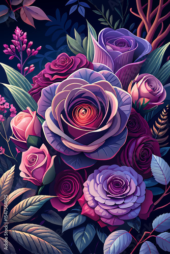 A seamless pattern of beautiful pink and red rose bouquets on a black background, perfect for celebrating love and romance